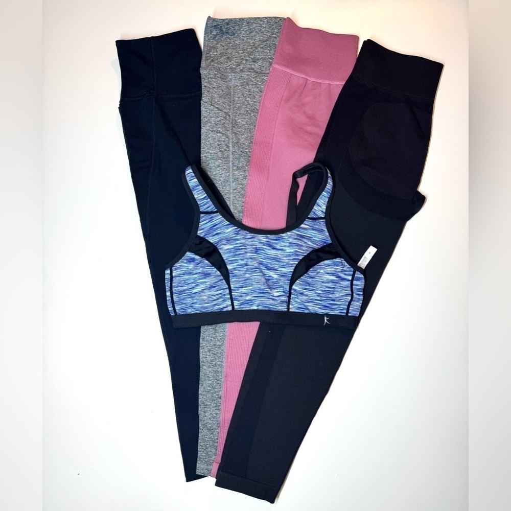 Set of 5 items - Blue and Black Sports Bra with Leggings Set - Size M